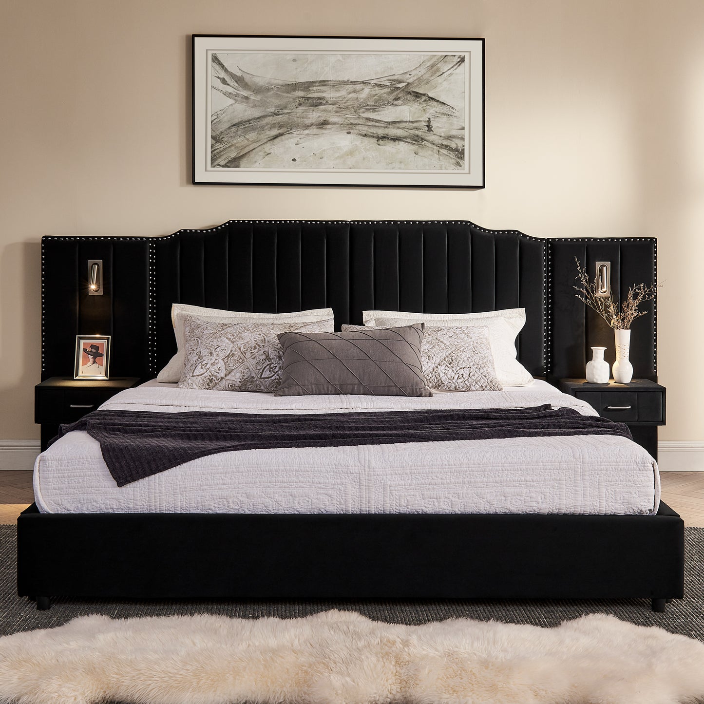 King Size Upholstered Bed Frame with Velvet Fabric & Headboard - Black