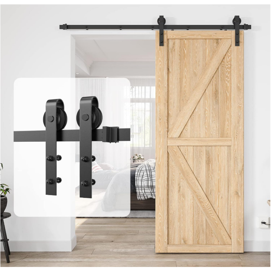 8 FT Double Sliding Barn Door Track Kit - Black Hardware