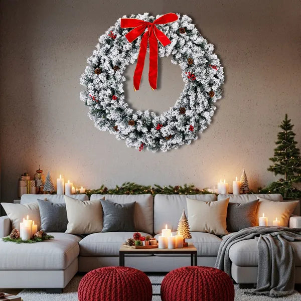 48-Inch Pre-Lit Snow Flocked Christmas Wreath with 150 Lights