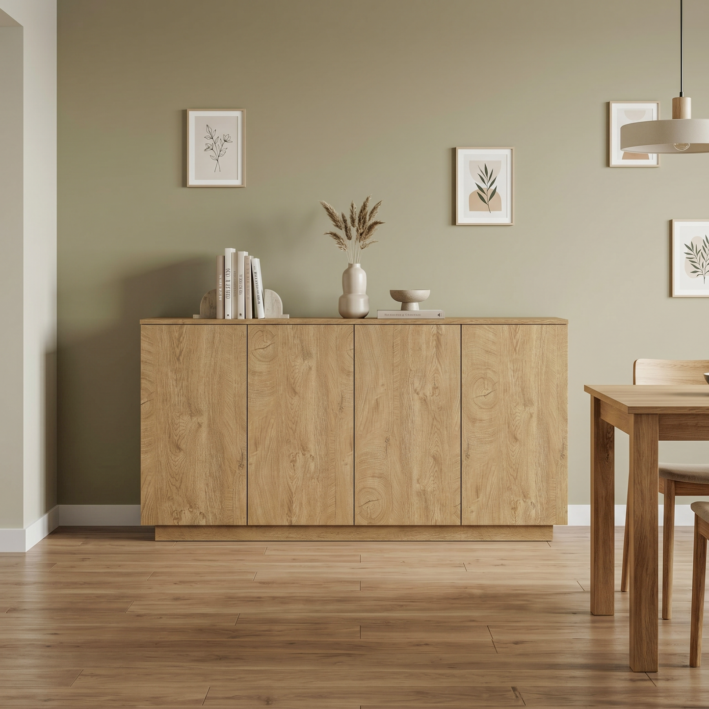 Natural Wood Sideboard Buffet Cabinet with 4 Doors & Adjustable Shelves