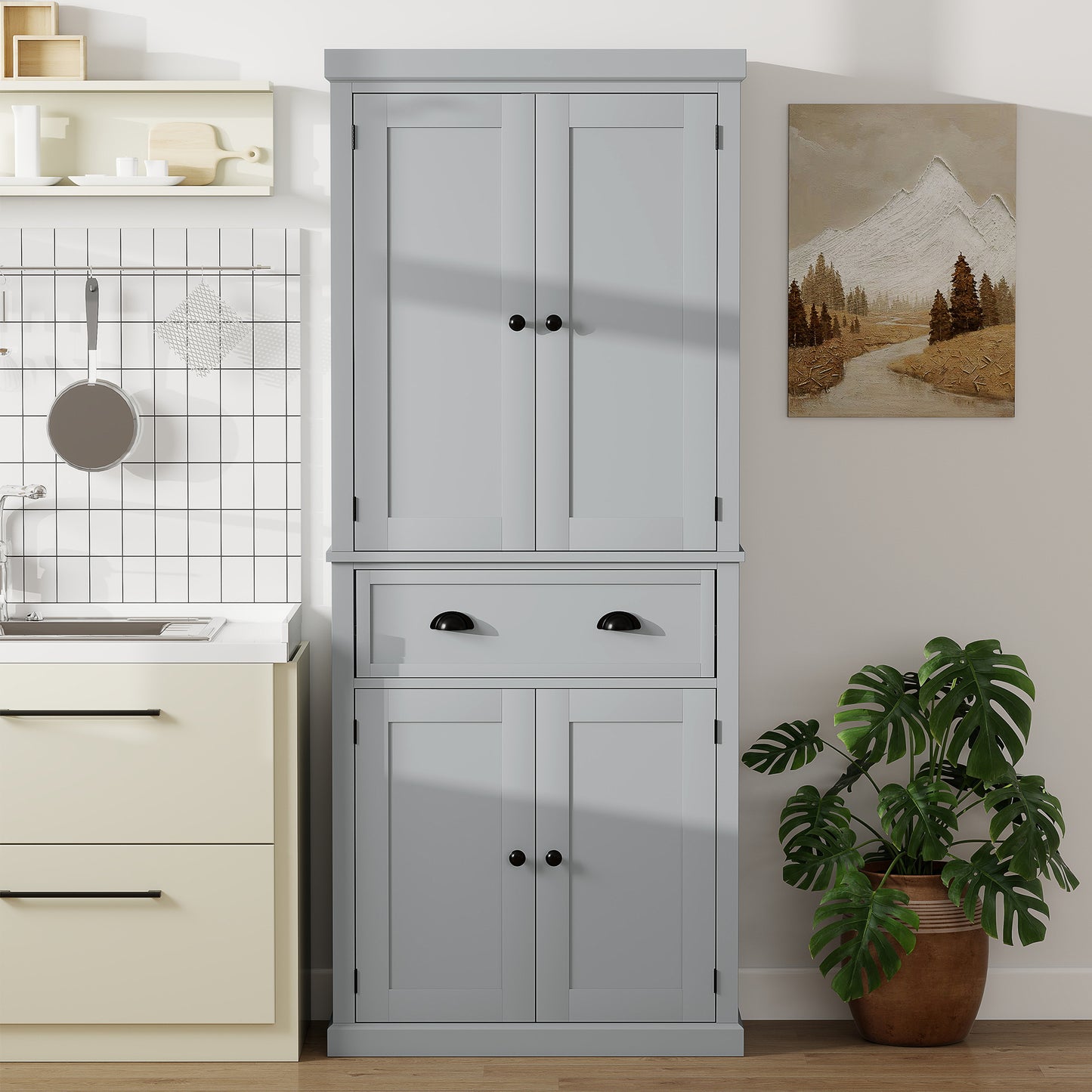 72.5" Gray Kitchen Storage Cabinet with Doors & Shelves