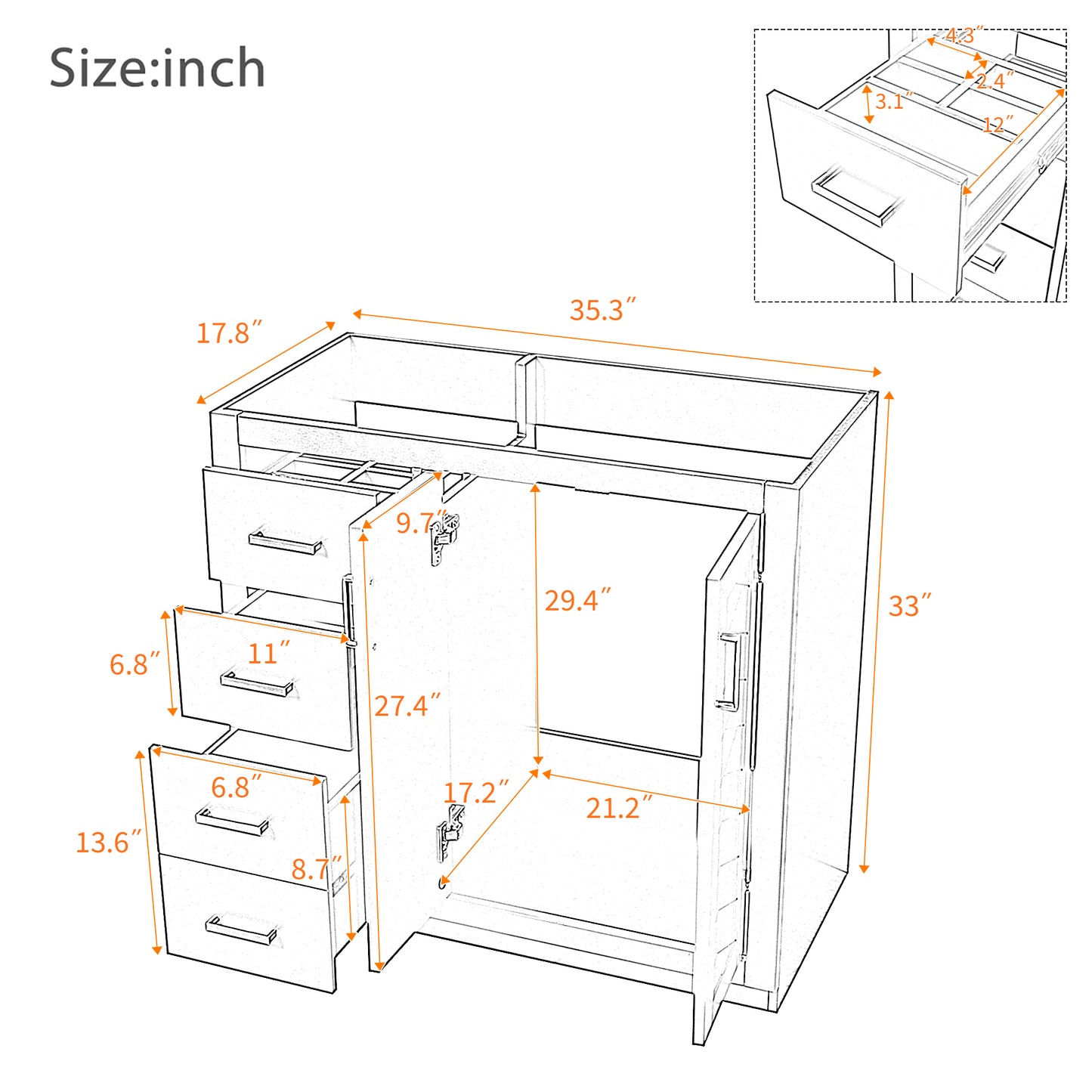 36-Inch Black Bathroom Vanity with Solid Wood Frame & 3 Drawers