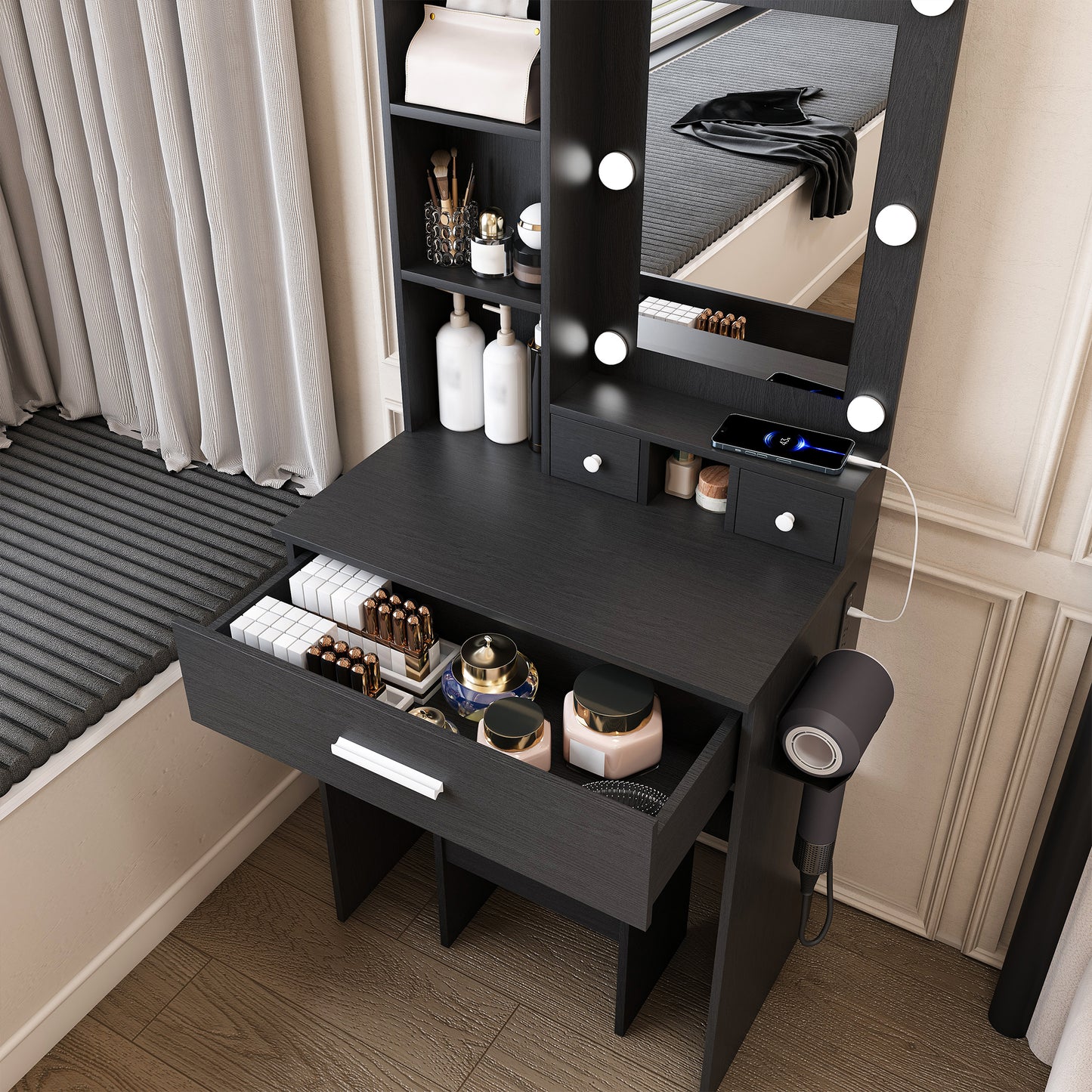 Vanity Table With Mirror & Adjustable LED Lights, Power Outlet,