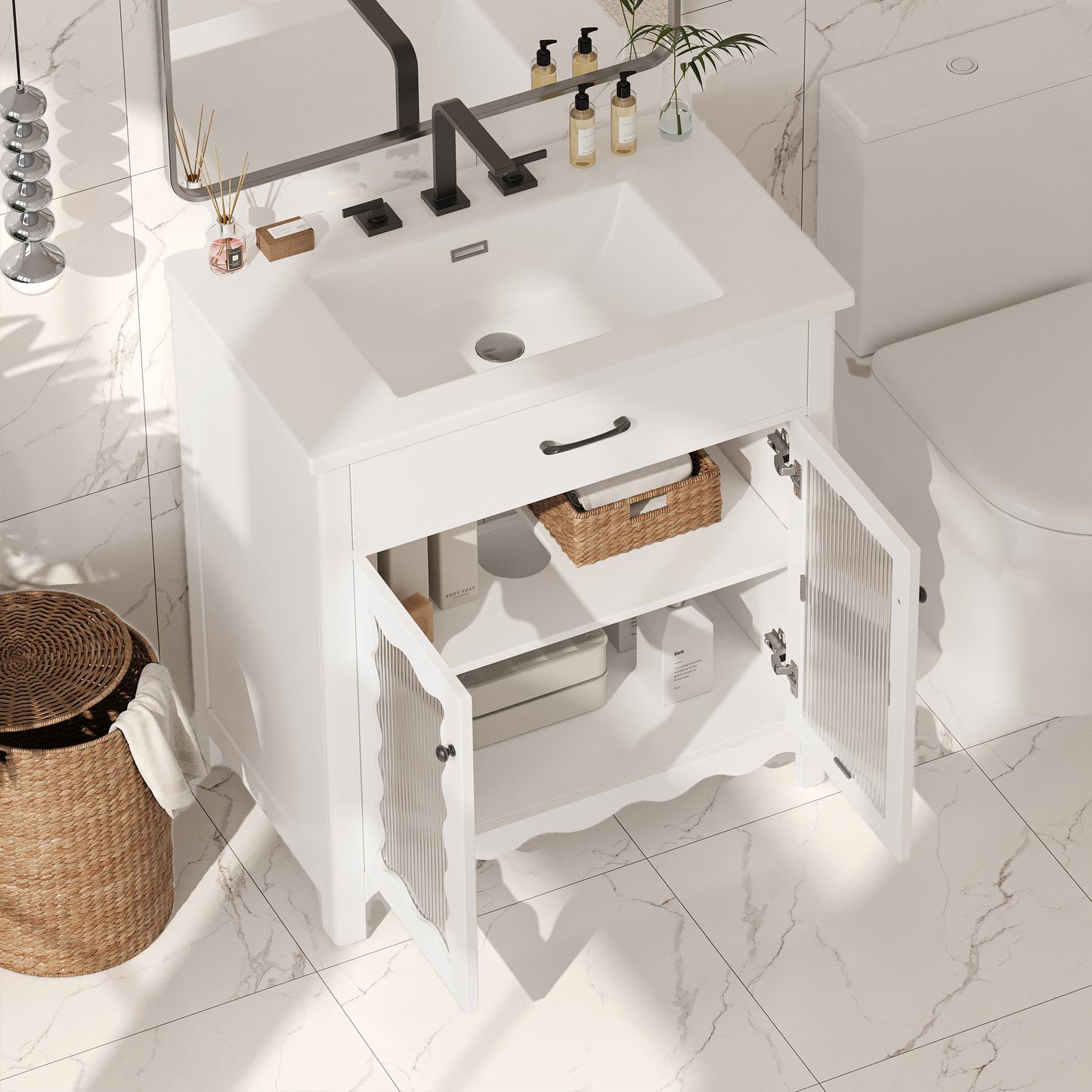 30-Inch Modern Bathroom Vanity with Tempered Glass & Soft Close Doors - White