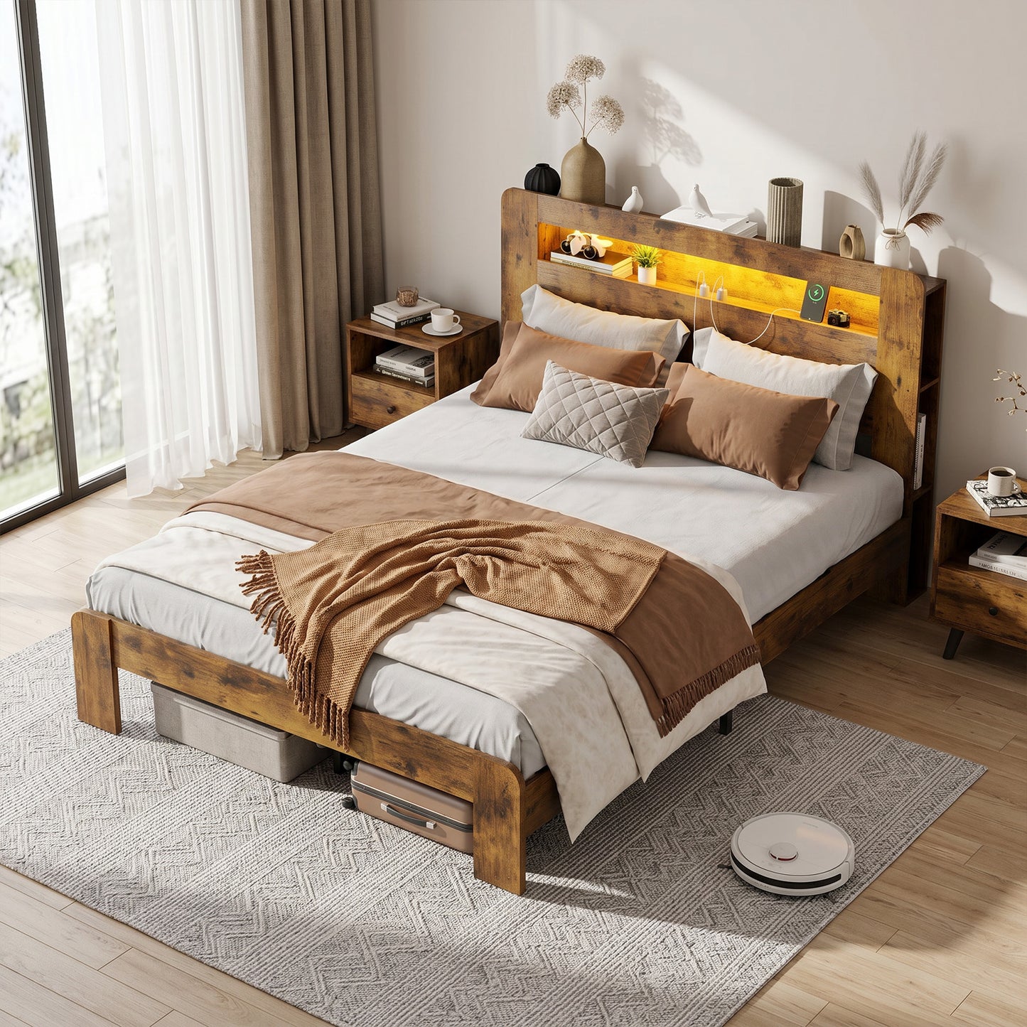 Queen Size Bed Frame with Storage & Charging Station - Rustic Brown