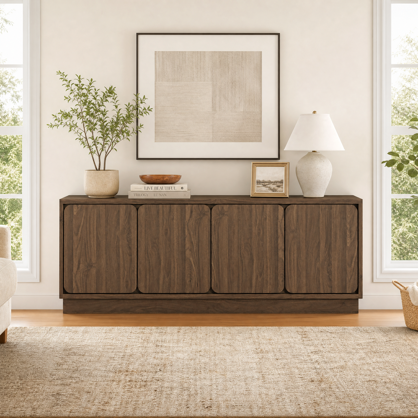 63 Inch Walnut TV Stand with 4 Storage Doors - Modern Media Console