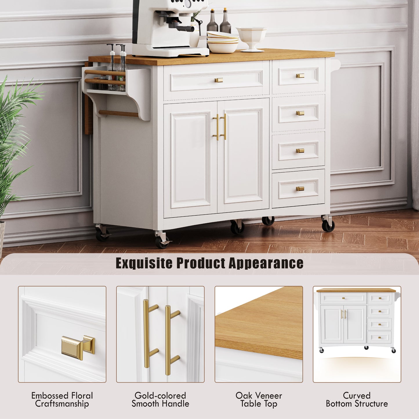 52'' Kitchen Island on Wheels with Drop Leaf & Storage - White