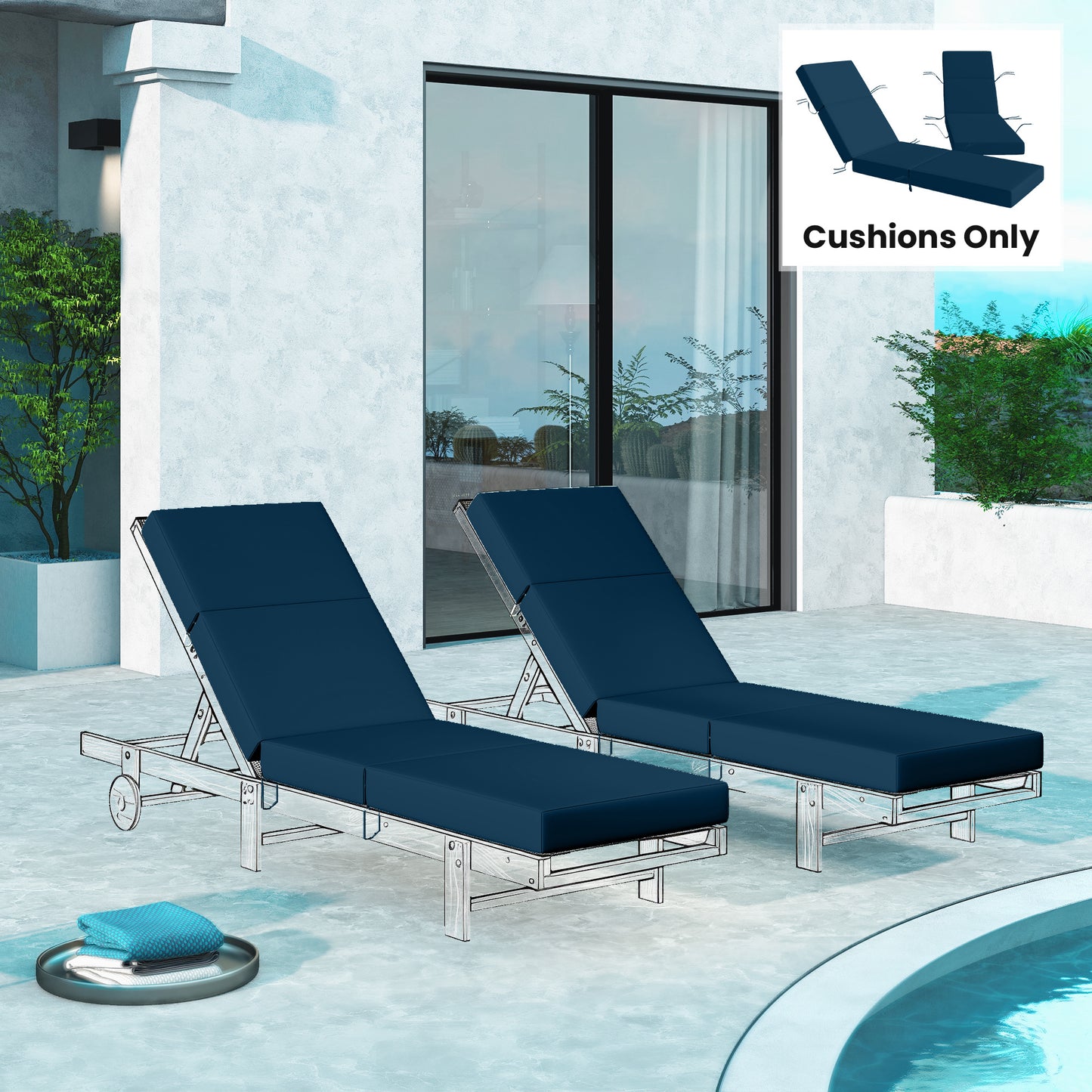 Outdoor Lounge Chair Cushions - Set of 2, 4" Thick, Navy Blue