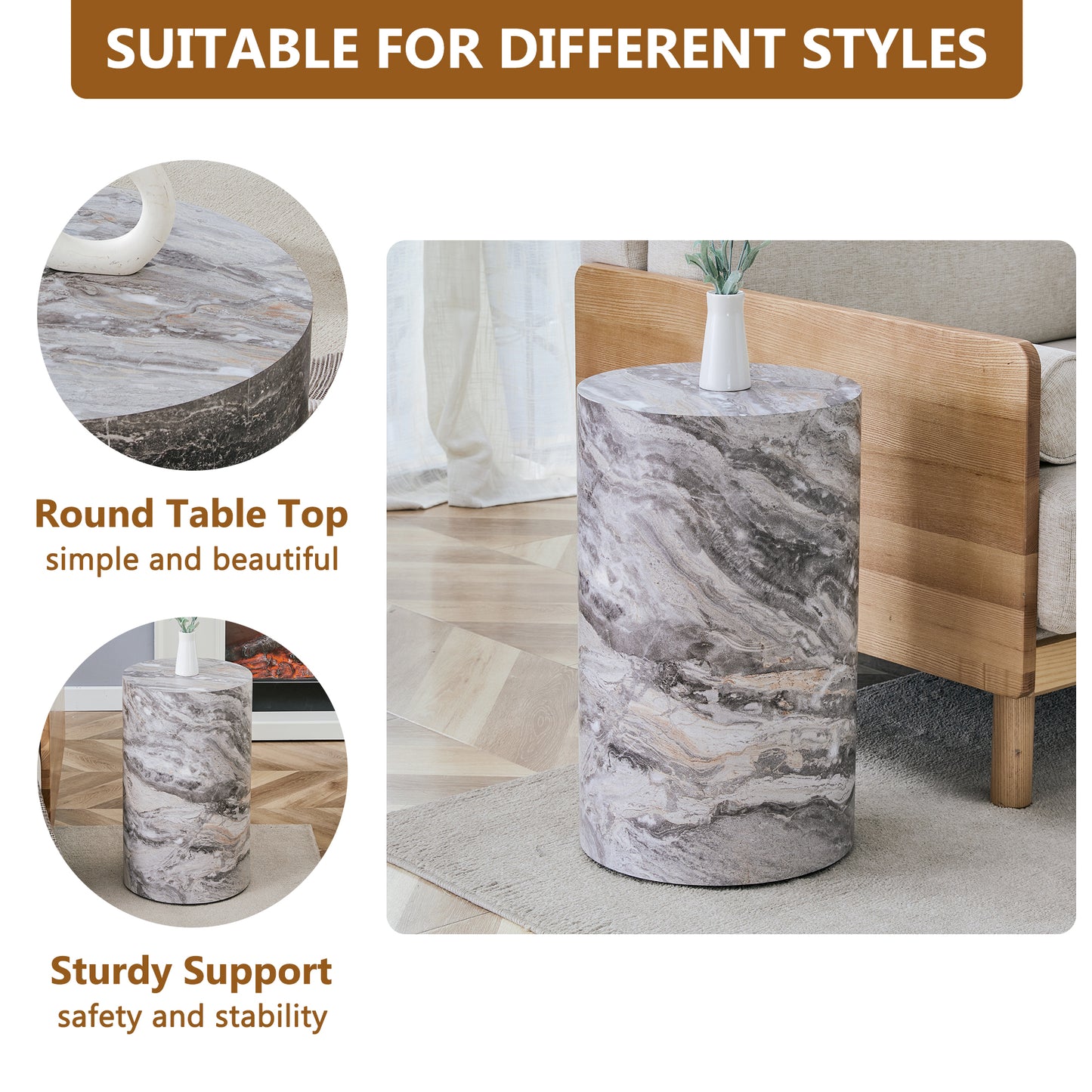 Simple Grey Marble Textured Cylindrical Coffee Table, 12-inch