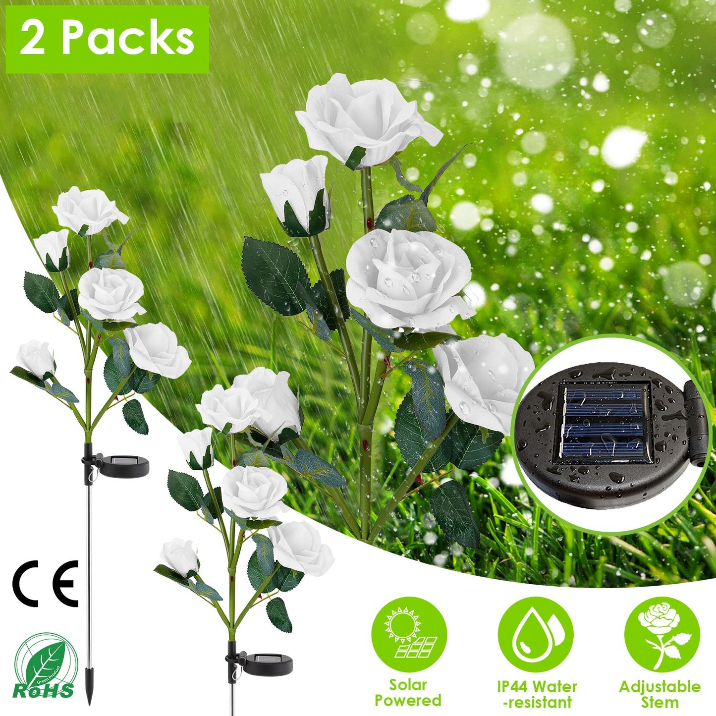 Solar Powered Rose Flower LED Lights - 2Pcs Outdoor Decorative Lamps