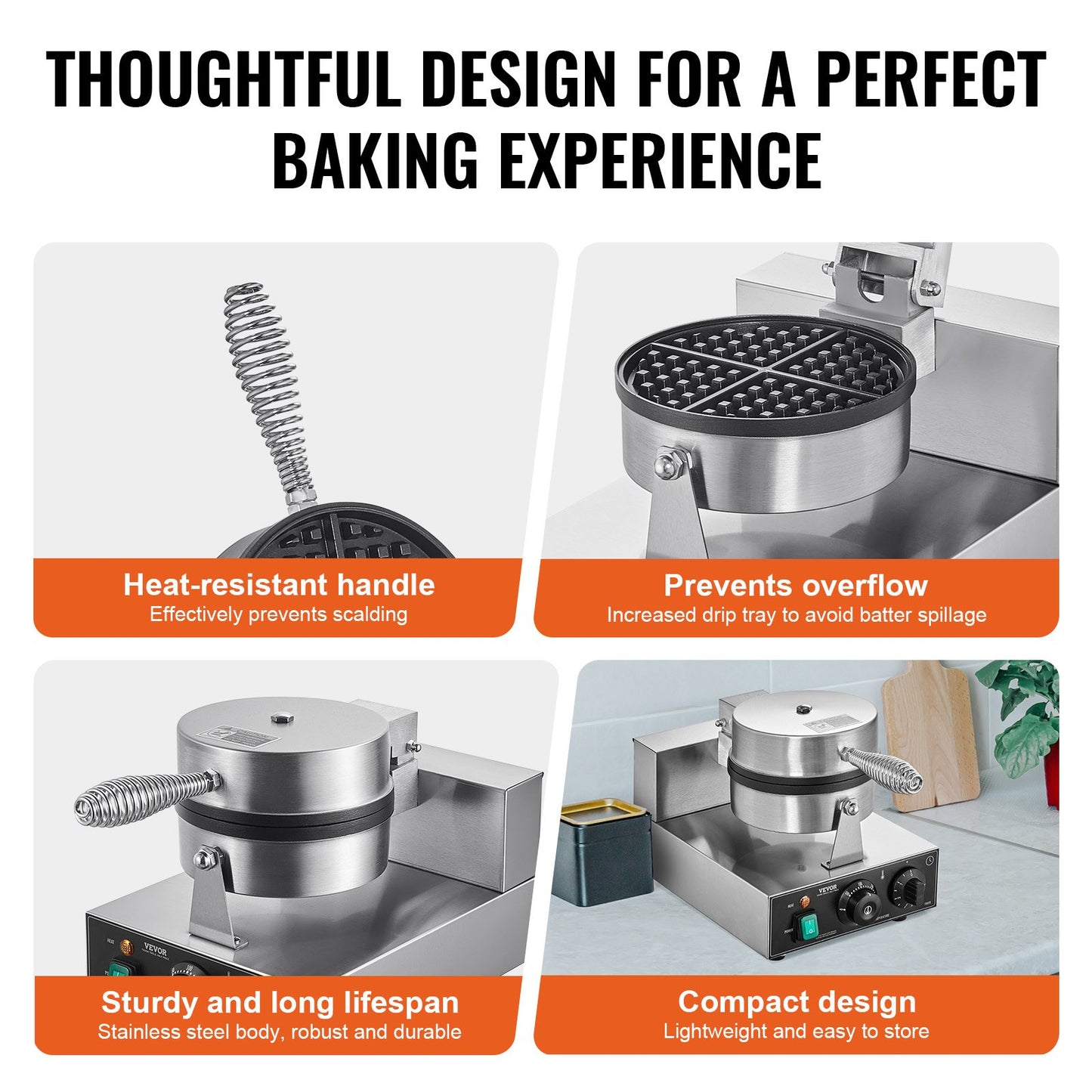 Commercial Round Waffle Maker 1230W Non-Stick Kitchen Appliance - Natural