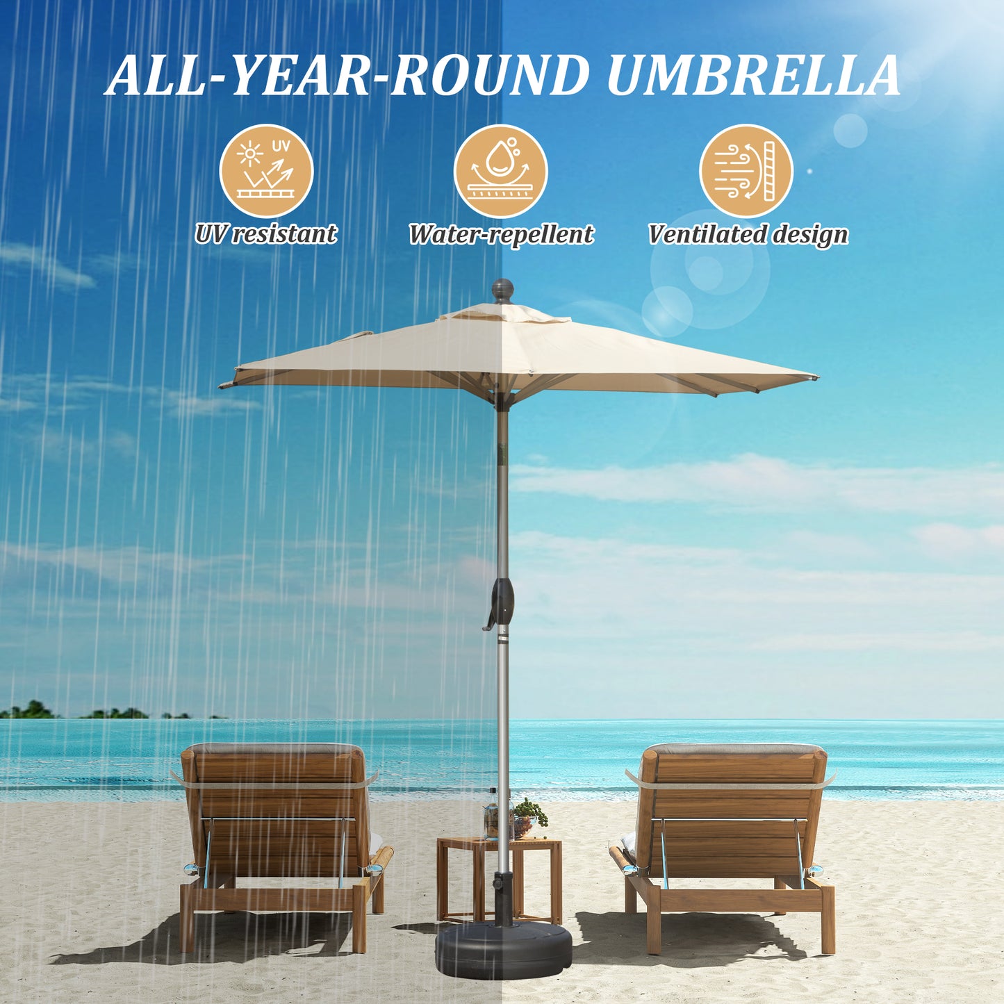 Rectangle Patio Umbrella With Crank Lift And Tilt Function, Beige