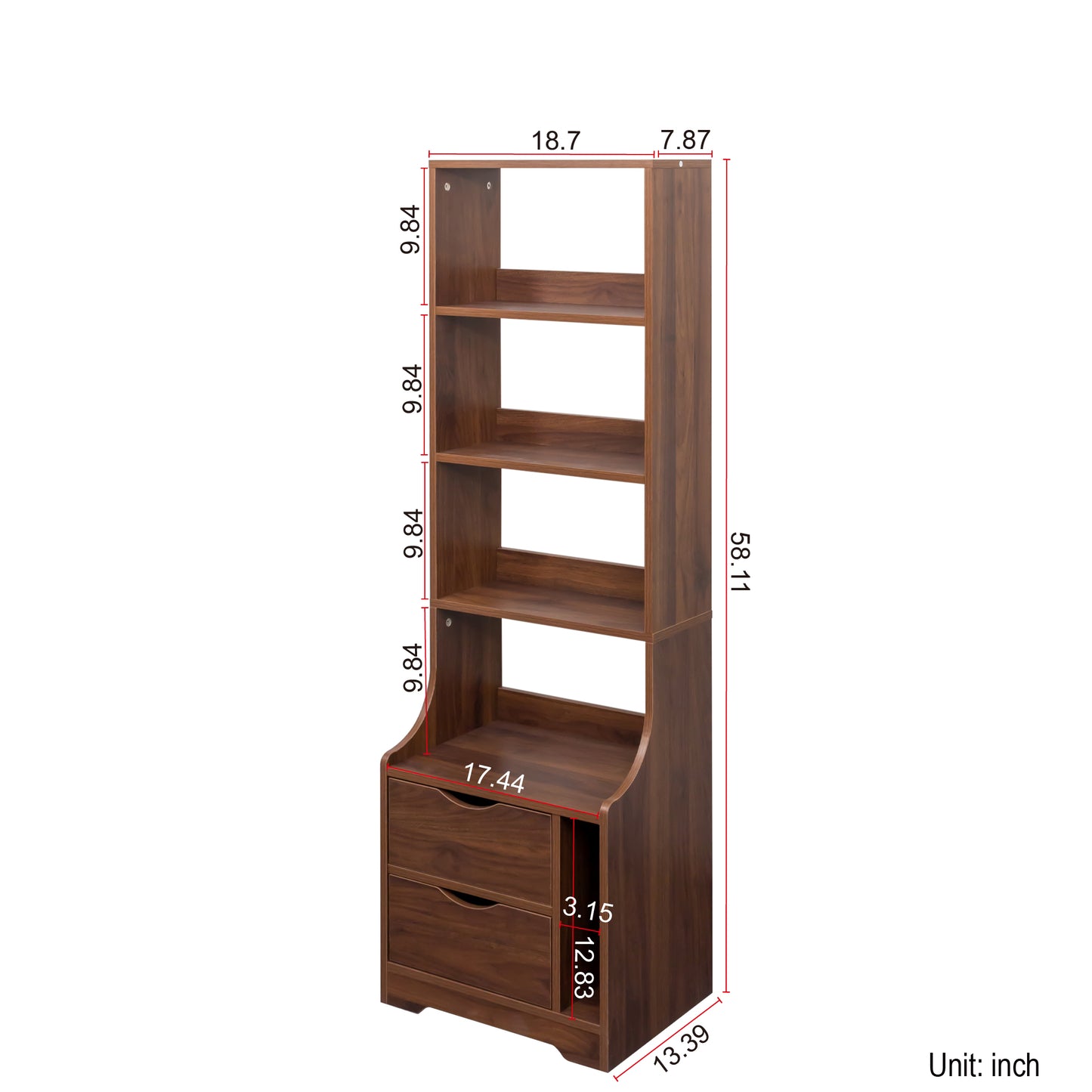 Night Stand with Bookshelf and 2 Storage Drawers - Walnut