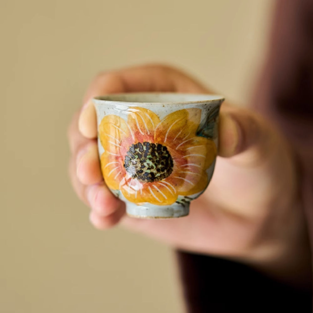 Hand Drawn Sunflower Ceramic Wine Dispenser with Glass Set - Retro Kitchen Barware