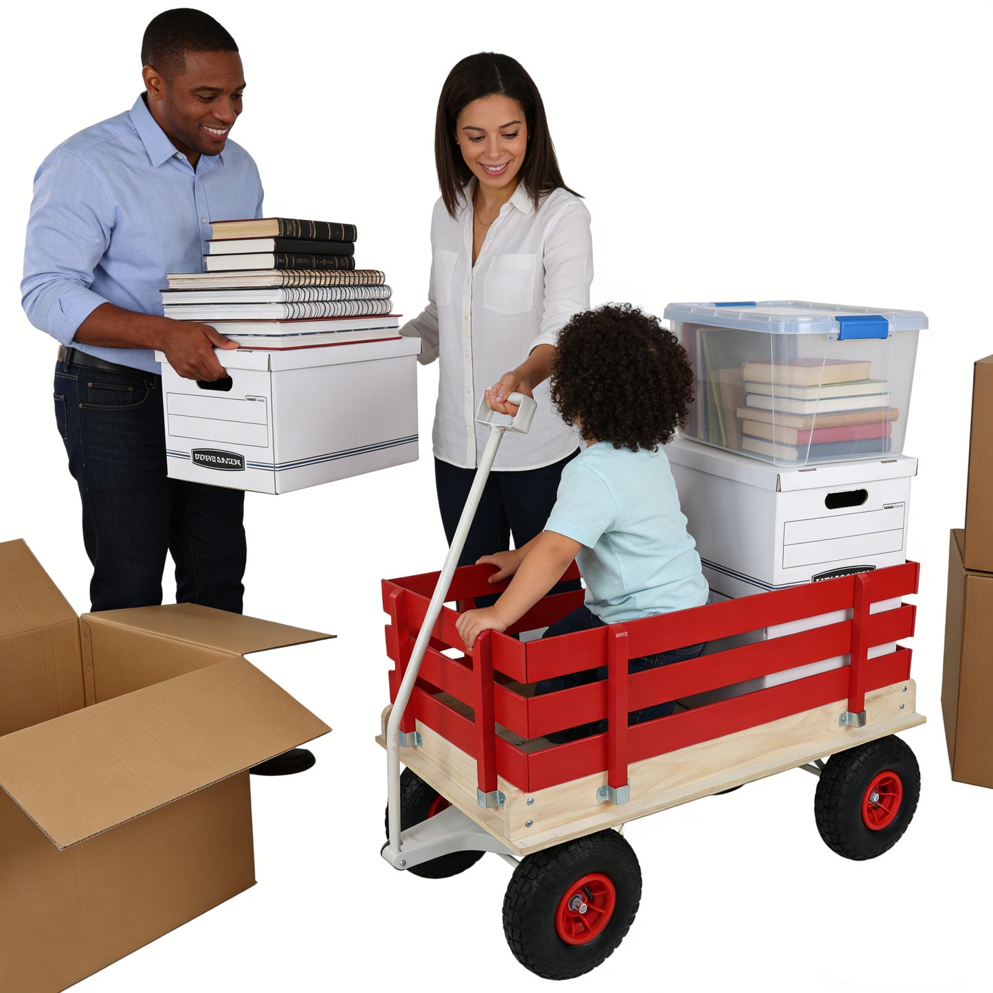 Red Wooden Wagon Cart With Folding Handle, Heavy Duty All-Terrain