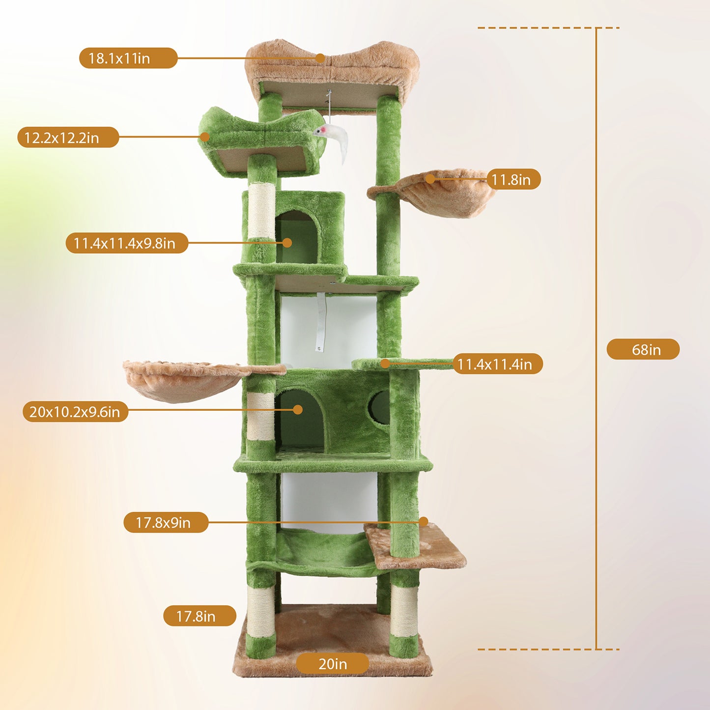 Tall Multi-Level Green Cat Tree with Hammocks and Scratching Posts - Plush Cat Tower for Indoor Cats