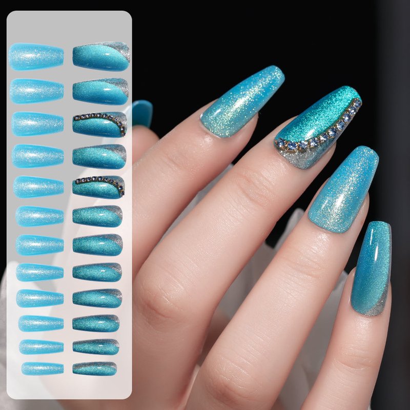 Blue Ocean Nail Patches with Jelly Glue - 24 Pieces