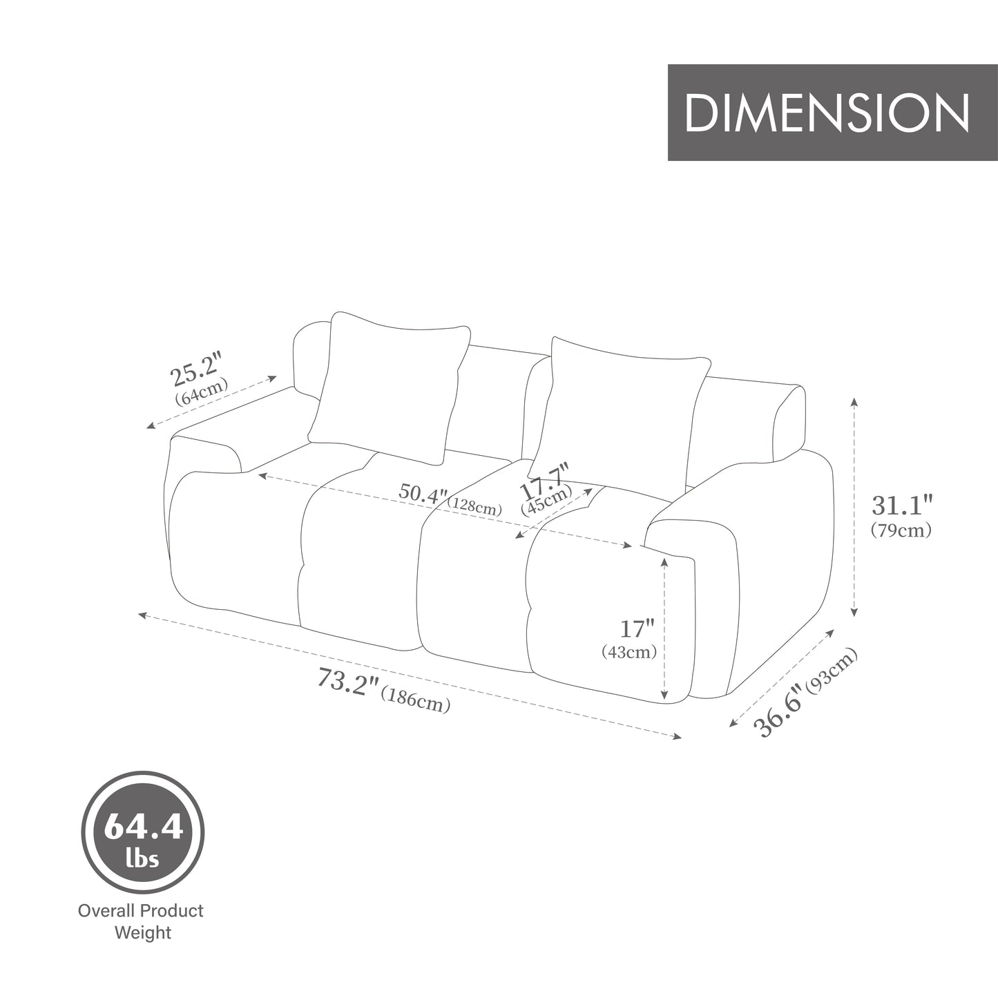 73" Modern Modular Loveseat Sofa - Convertible Tufted Couch with Pillows, Taupe