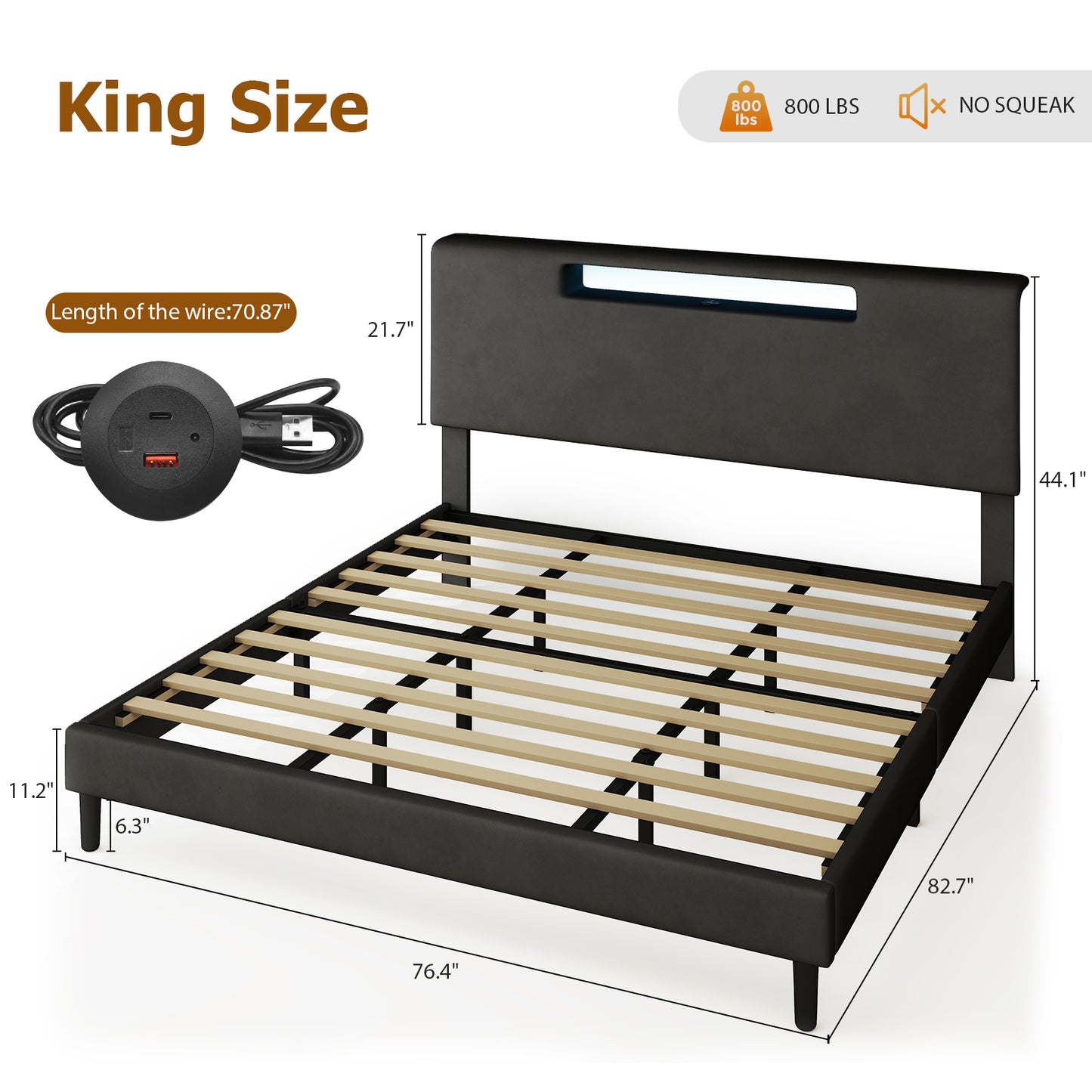 King Size Bed Frame With Charging Station And Adjustable LED Light