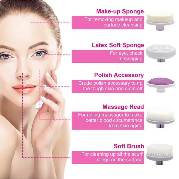 Electric Facial Cleansing Brush with 5 Brush Heads - Pink