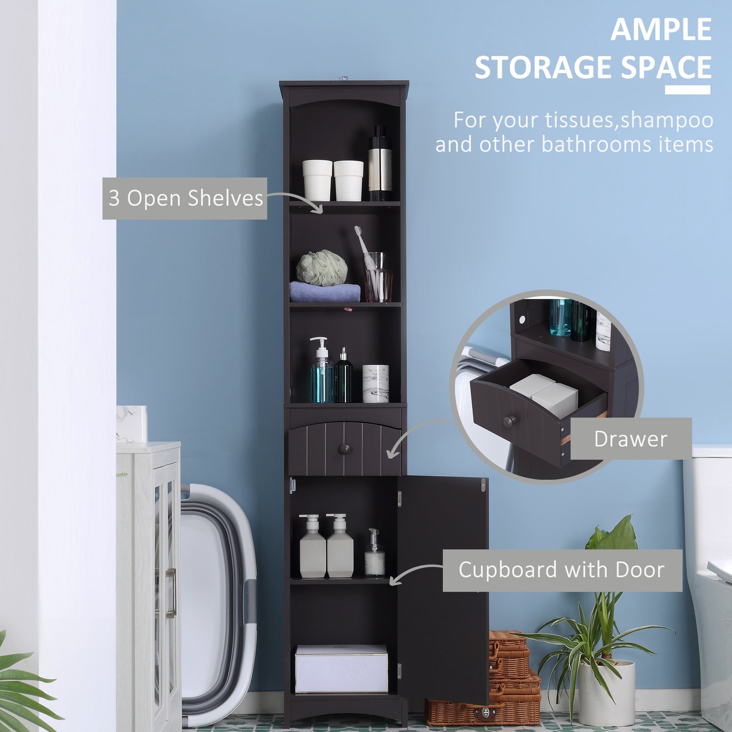 Tall Bathroom Storage Cabinet with 3-Tier Shelves and Drawer - Brown