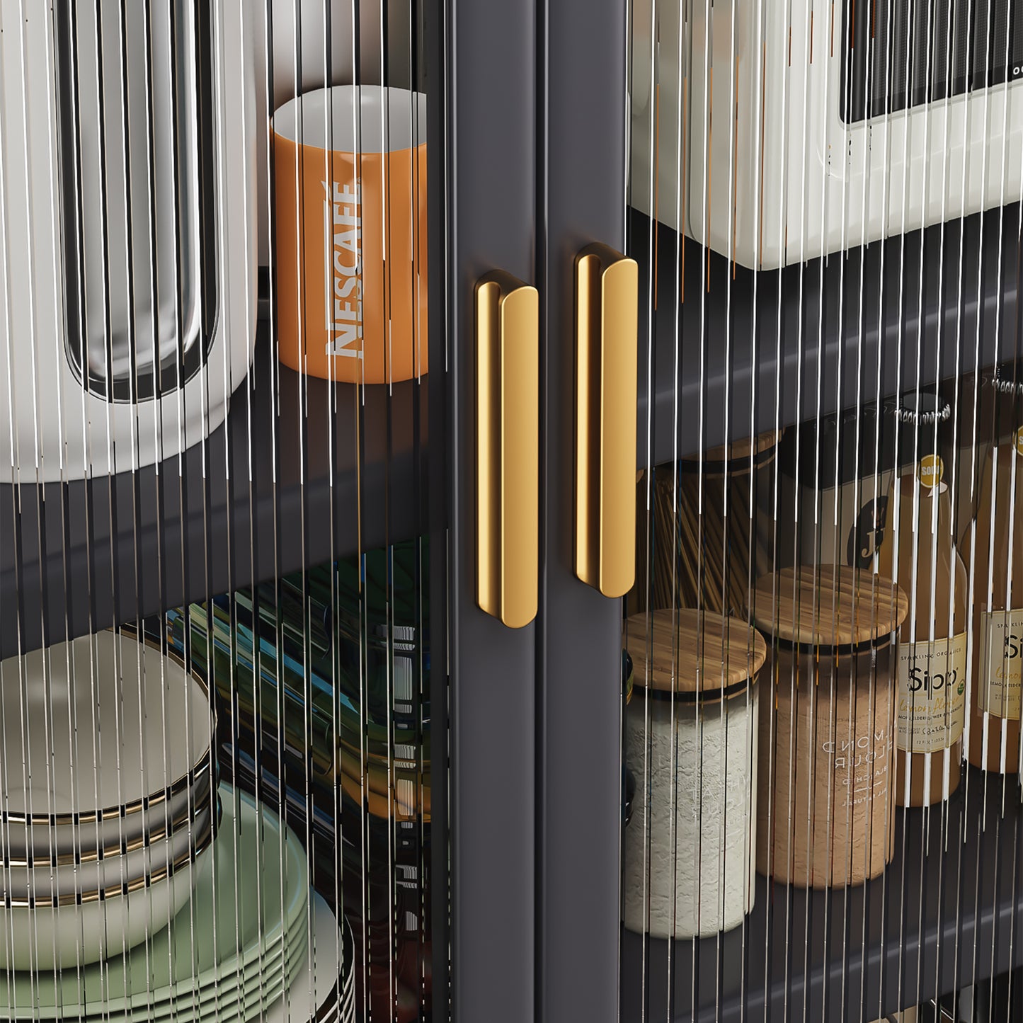 Grey Floor-to-Ceiling Kitchen Storage Cabinet with Microwave Shelf