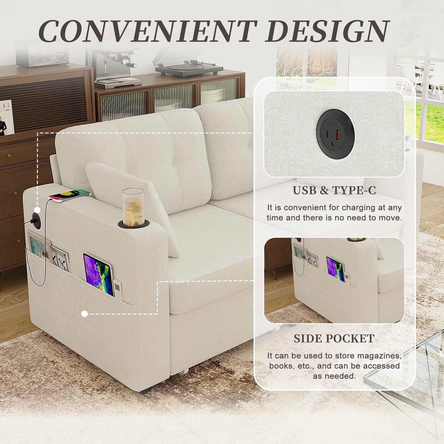 Modern 3-Seat Sofa with USB Charging & Storage - Beige