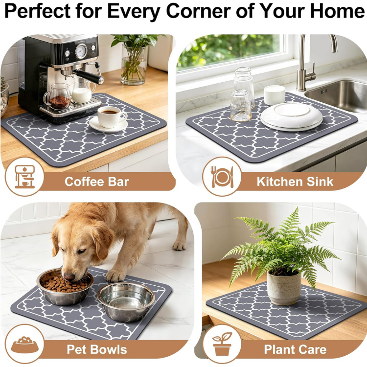 Large Absorbent Dish Drying Mat for Kitchen Counter - Gray, 15x18 Inches