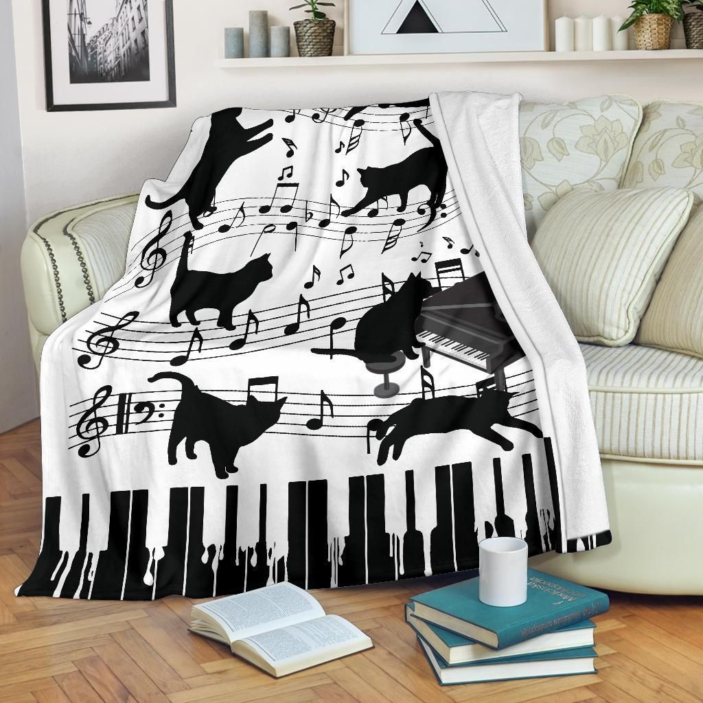 Cat and Piano Music Blanket - Flannel Bedding for Cat Lovers, 150x200cm