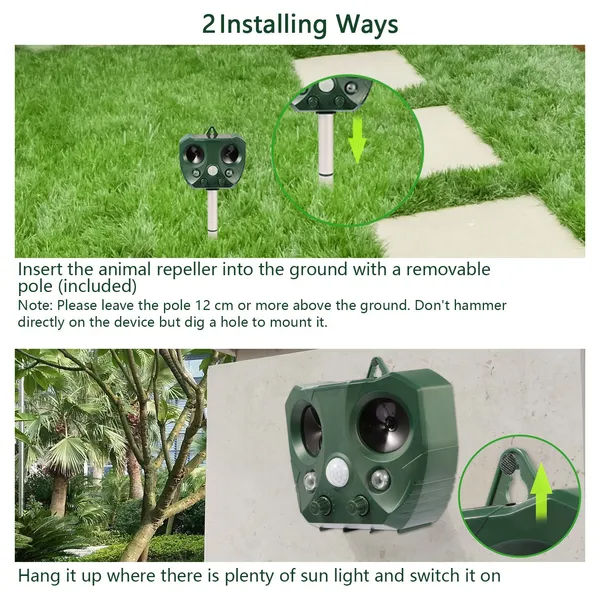 Solar Ultrasonic Animal Repeller with Motion Sensor & LED Flashing Lights - Green