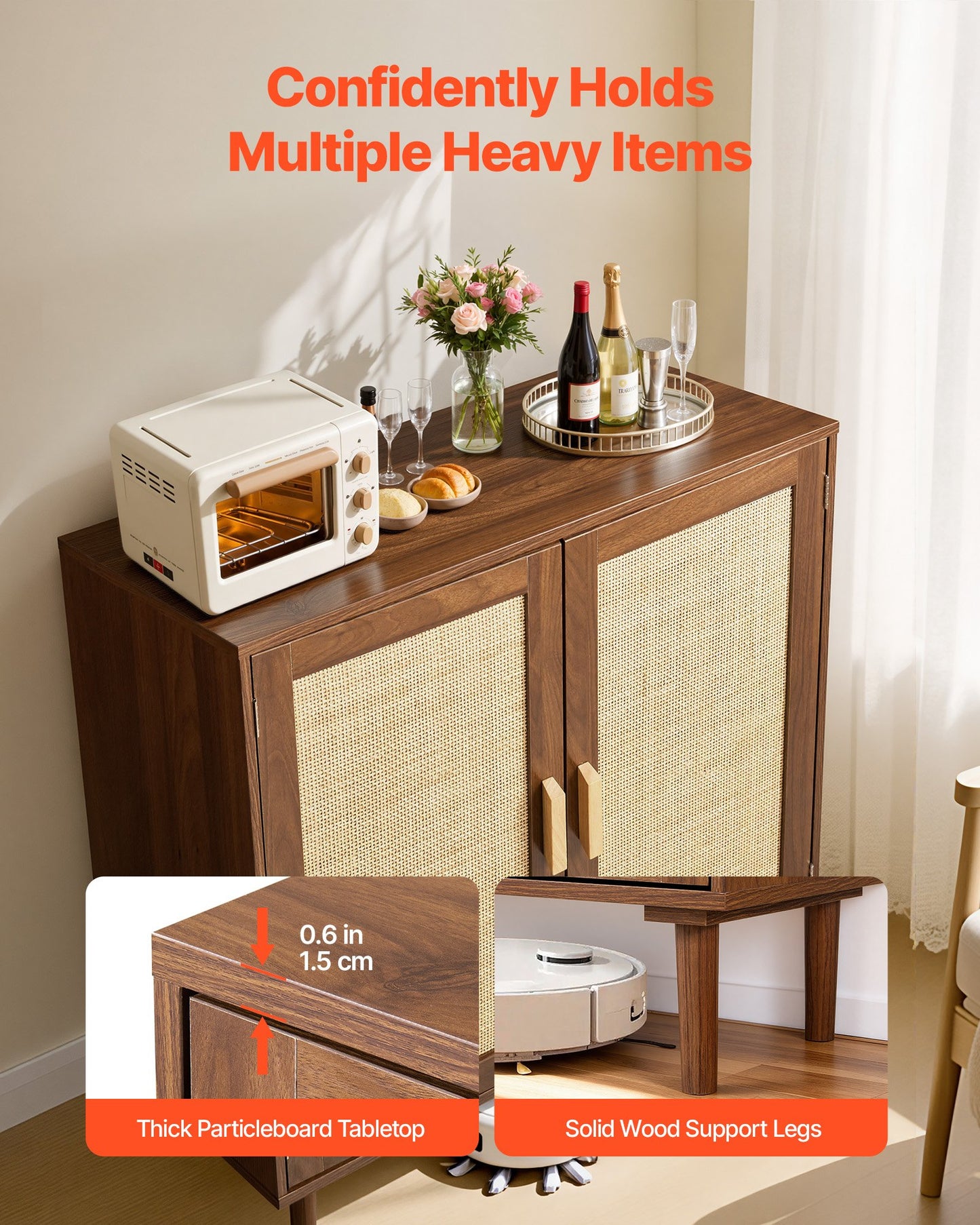 Rattan Storage Cabinet with Magnetic Doors and Adjustable Shelves - Khaki