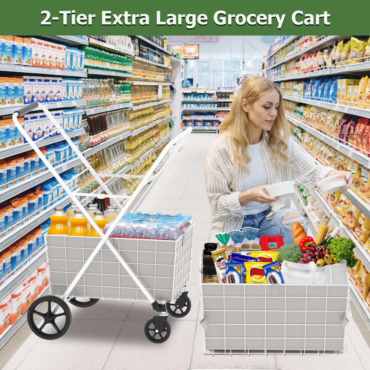 Extra Jumbo Foldable Shopping Cart with Double Baskets - White