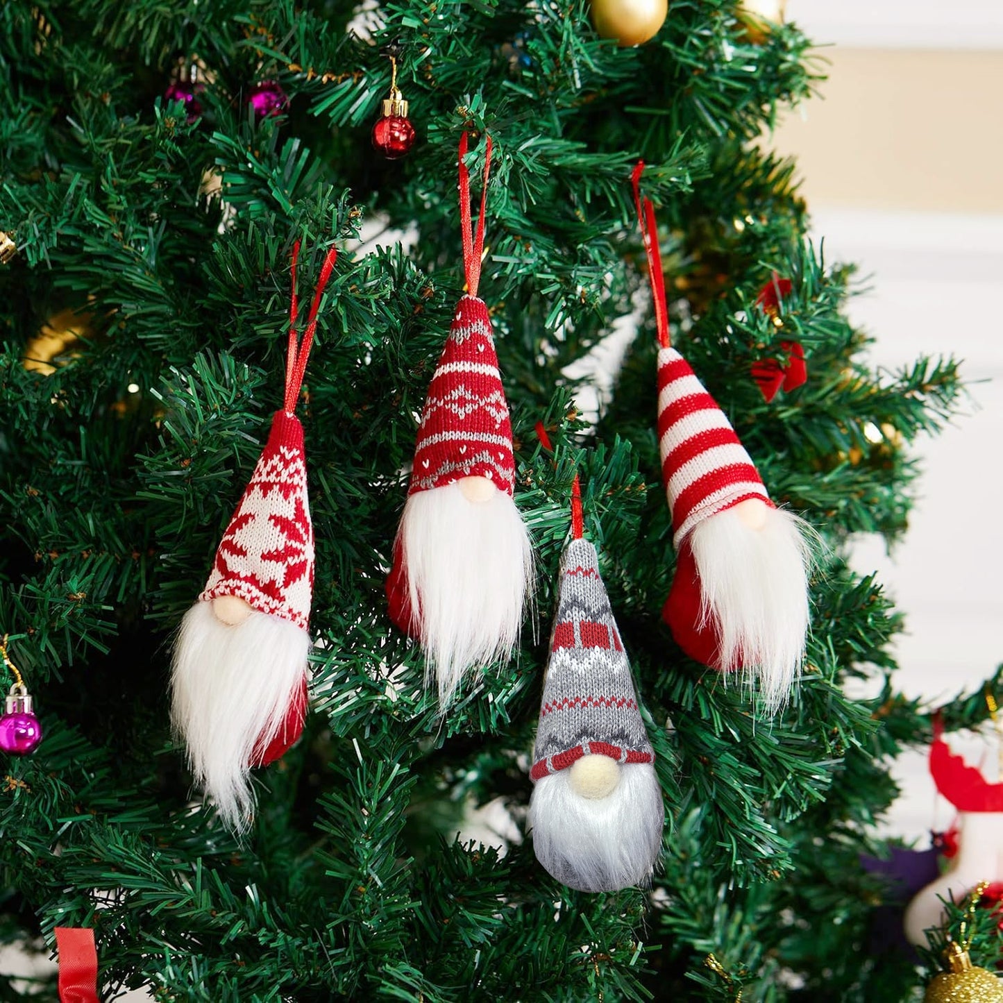 8-Pack Handmade Christmas Gnome Plush Ornaments - Red & White