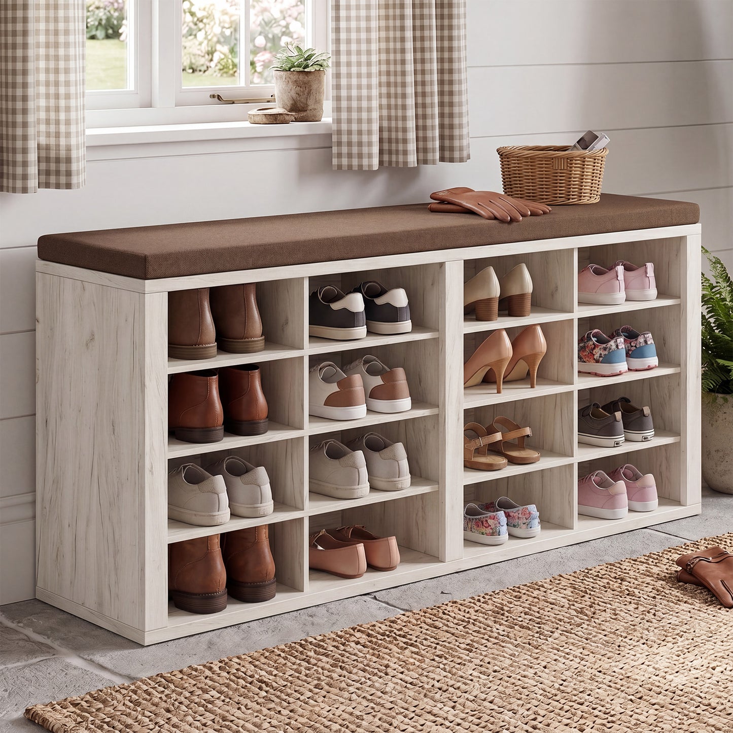Shoe Storage Bench With Cushion 16 Cubby Rack Multifunctional
