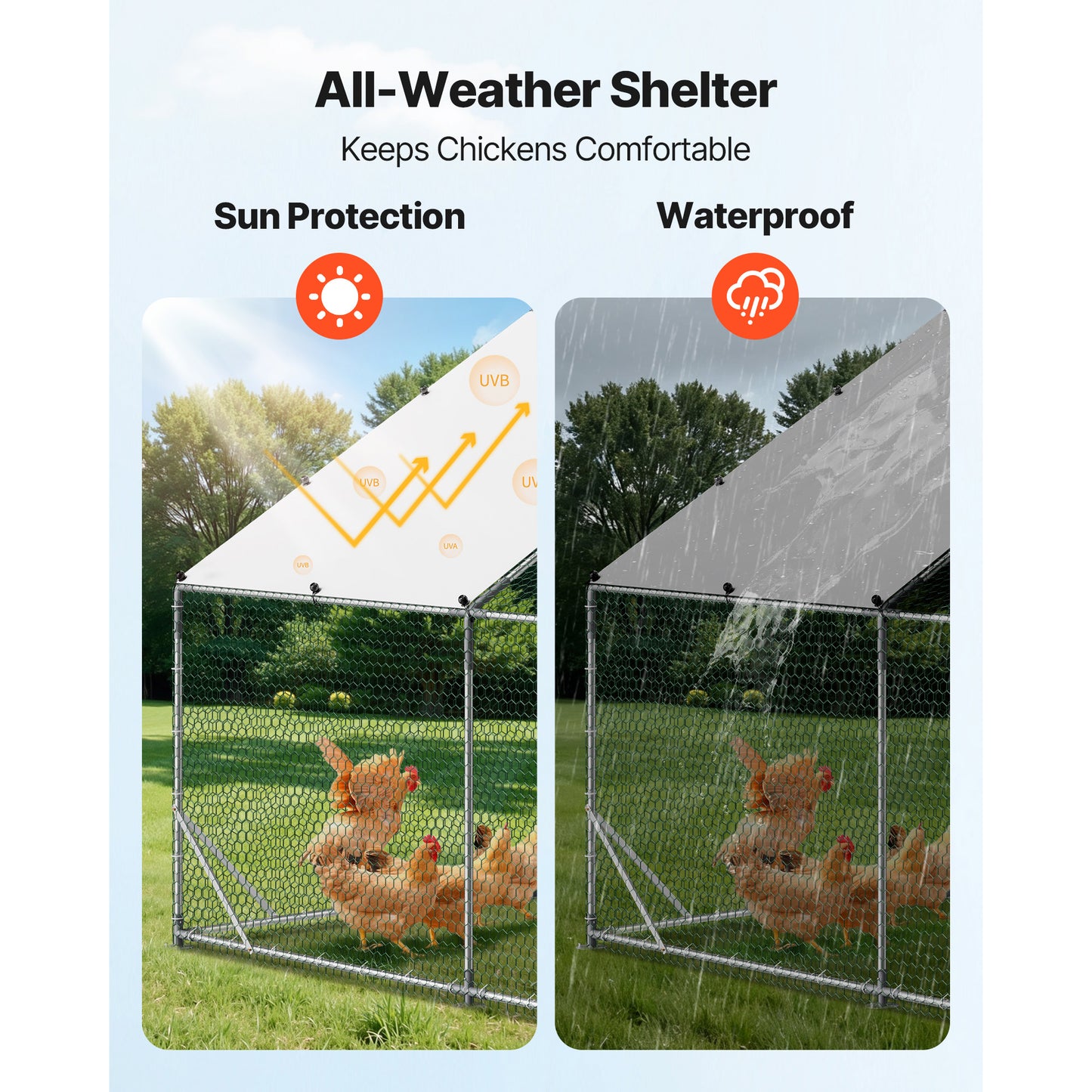 Large Outdoor Metal Chicken Coop with Waterproof Cover and Walk-In Run - 9.8 x 9.8 x 6.6 ft