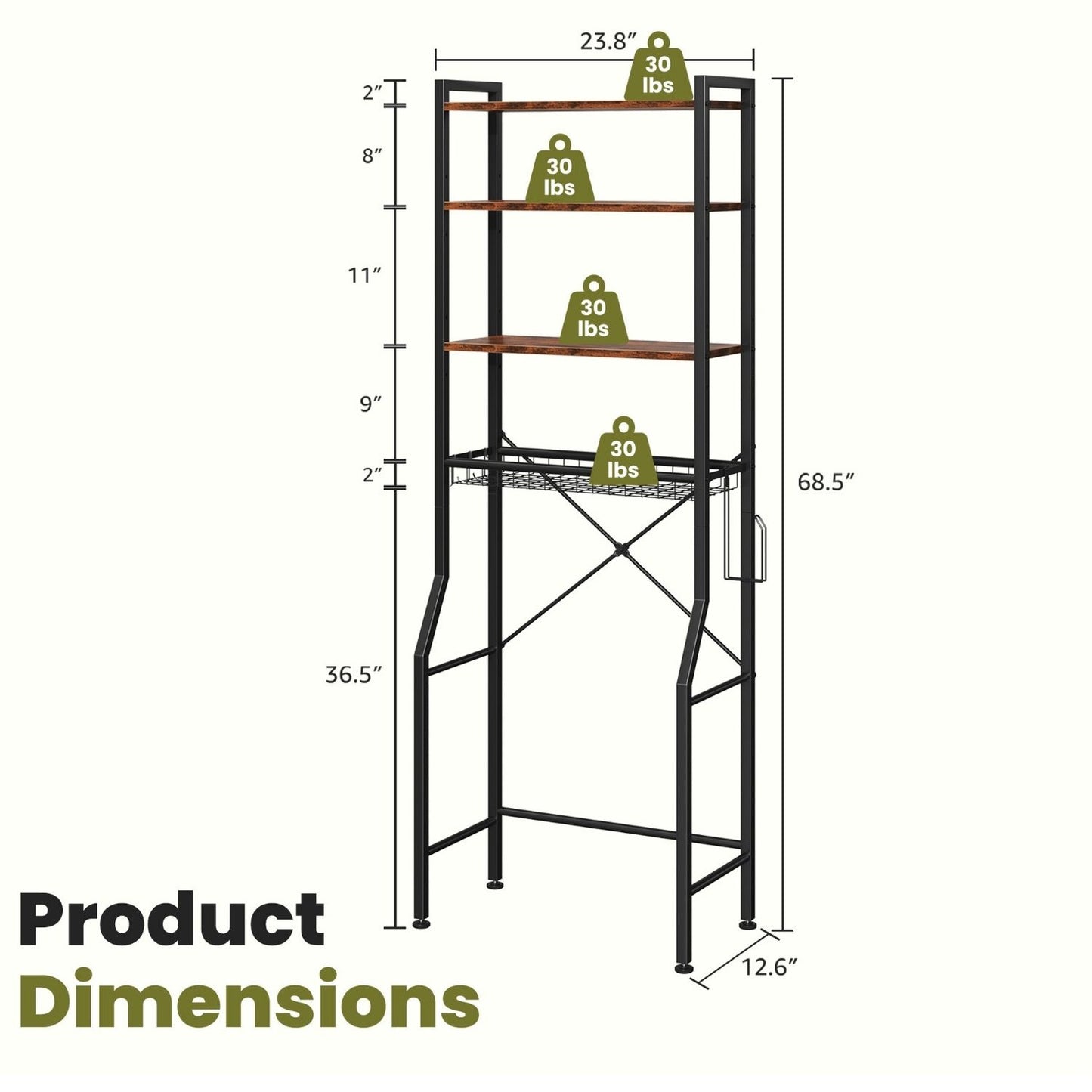 68-inch Independent Bathroom Storage Rack, Iron And Wood Material