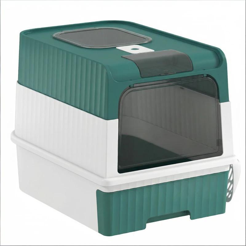 Enclosed Cat Litter Box with Slide-Out Tray - Black, Teal, White