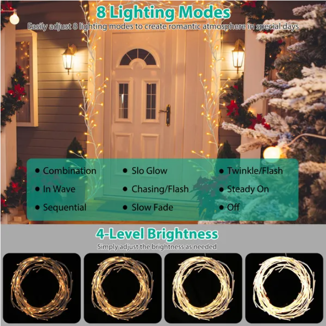 Waterproof Birch Flower Wreath with Light String & Timer - 8 Modes IP45