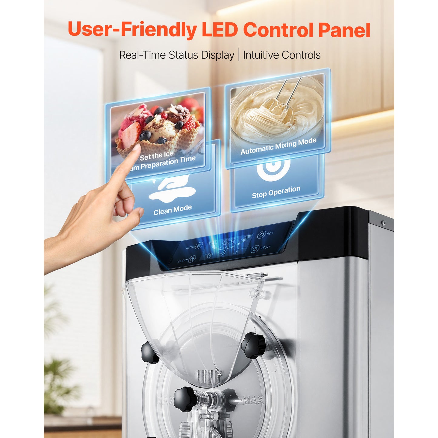 Commercial Hard Ice Cream Machine 2000W 3.17-5.28 Gal/hr Stainless Steel Countertop Gelato Maker with Auto Clean LED Panel for Restaurants