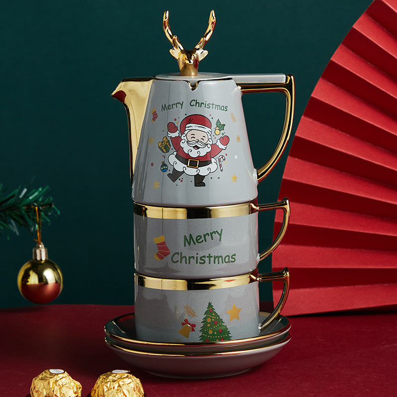 Ceramic Teapot Set with Cups and Plates - Christmas Elk Design, Portable & High-Temperature Resistant
