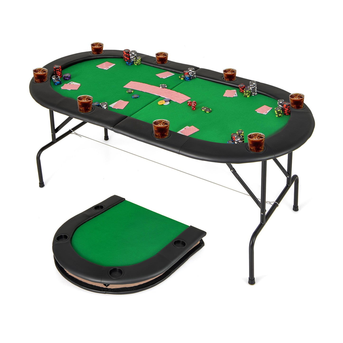 8 Player Foldable Poker Table with Cup Holders - Green