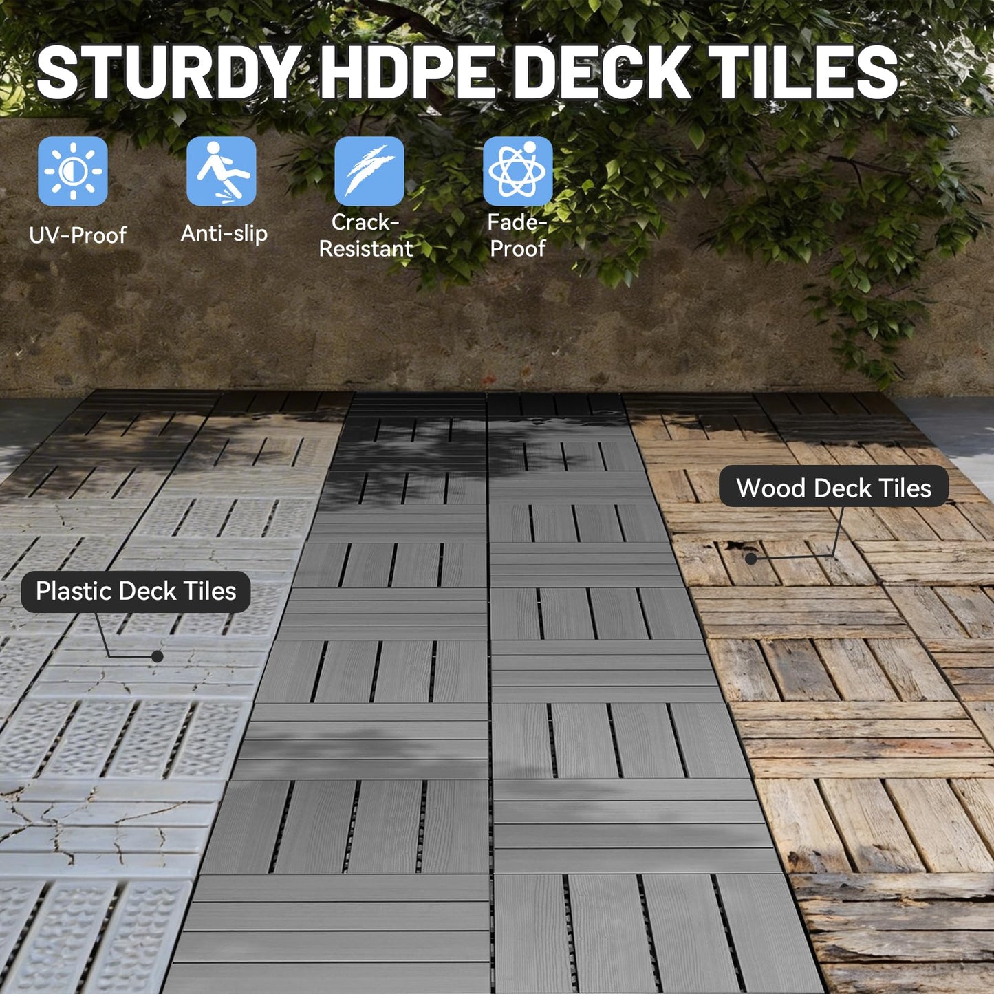 44 Pcs Interlocking Deck Tiles - 12" x 12" Outdoor Flooring - Dark Grey