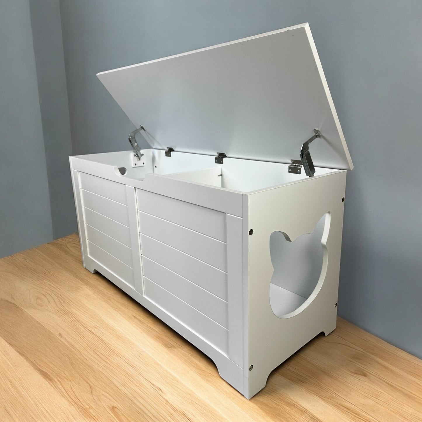 Large Open Cat Litter Box Fence Furniture - Modern White Cat House & Storage