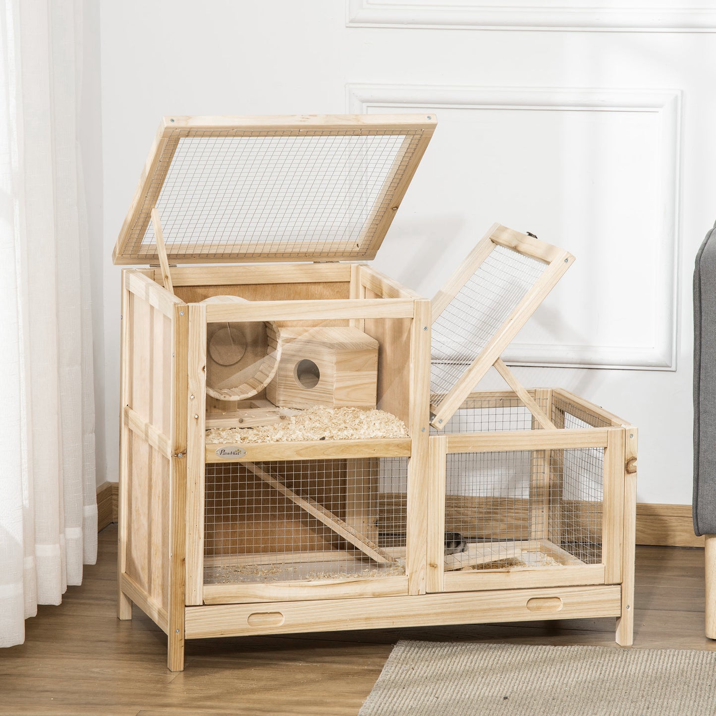 2-Tier Wooden Hamster Cage with Seesaw and Viewing Window - Small Animal Habitat