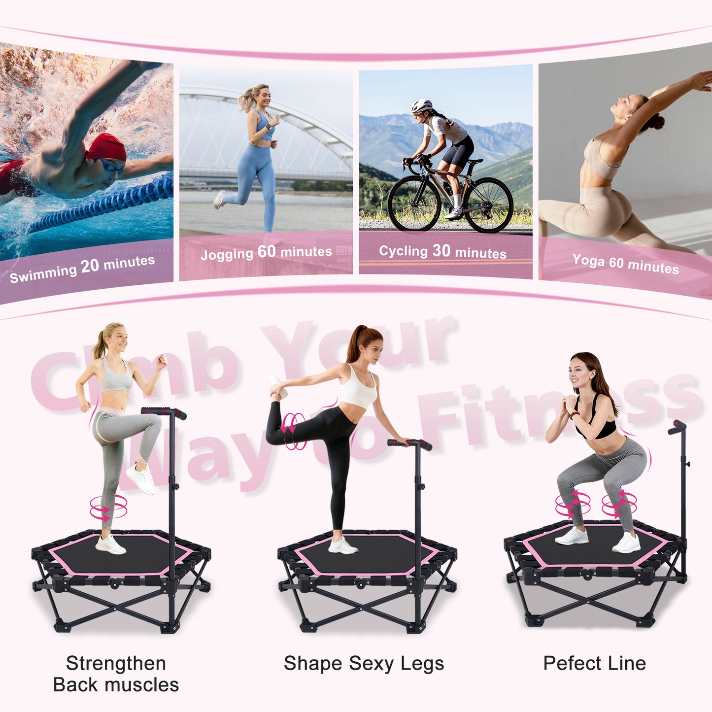 Foldable Mini Trampoline for Adults - 330lbs Capacity, Adjustable T-Bar, Indoor & Outdoor Workout - Pink
