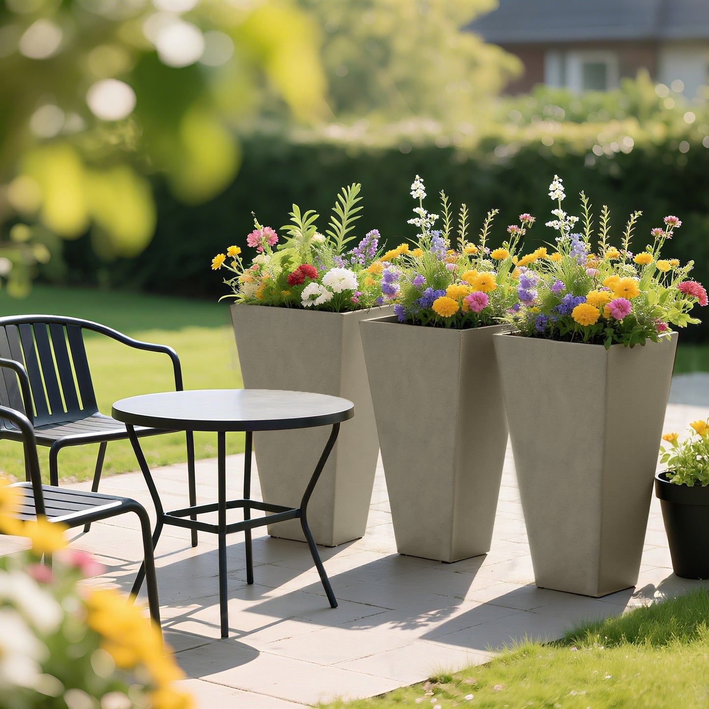 Outdoor Tall Plant Planters Set of 3 - 28 Inch Grey Tapered Pots with Drainage Holes