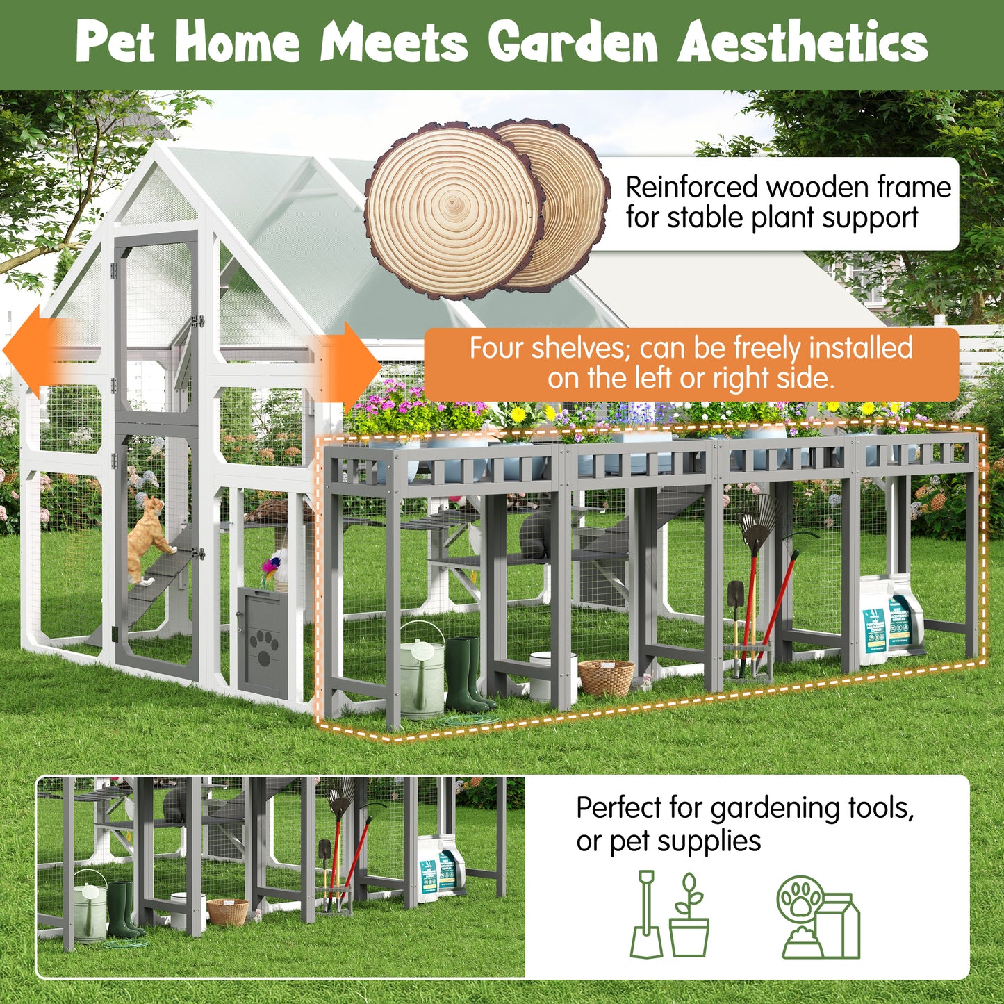 Large Outdoor Cat House With Planter Stand, Wooden Enclosure Resting