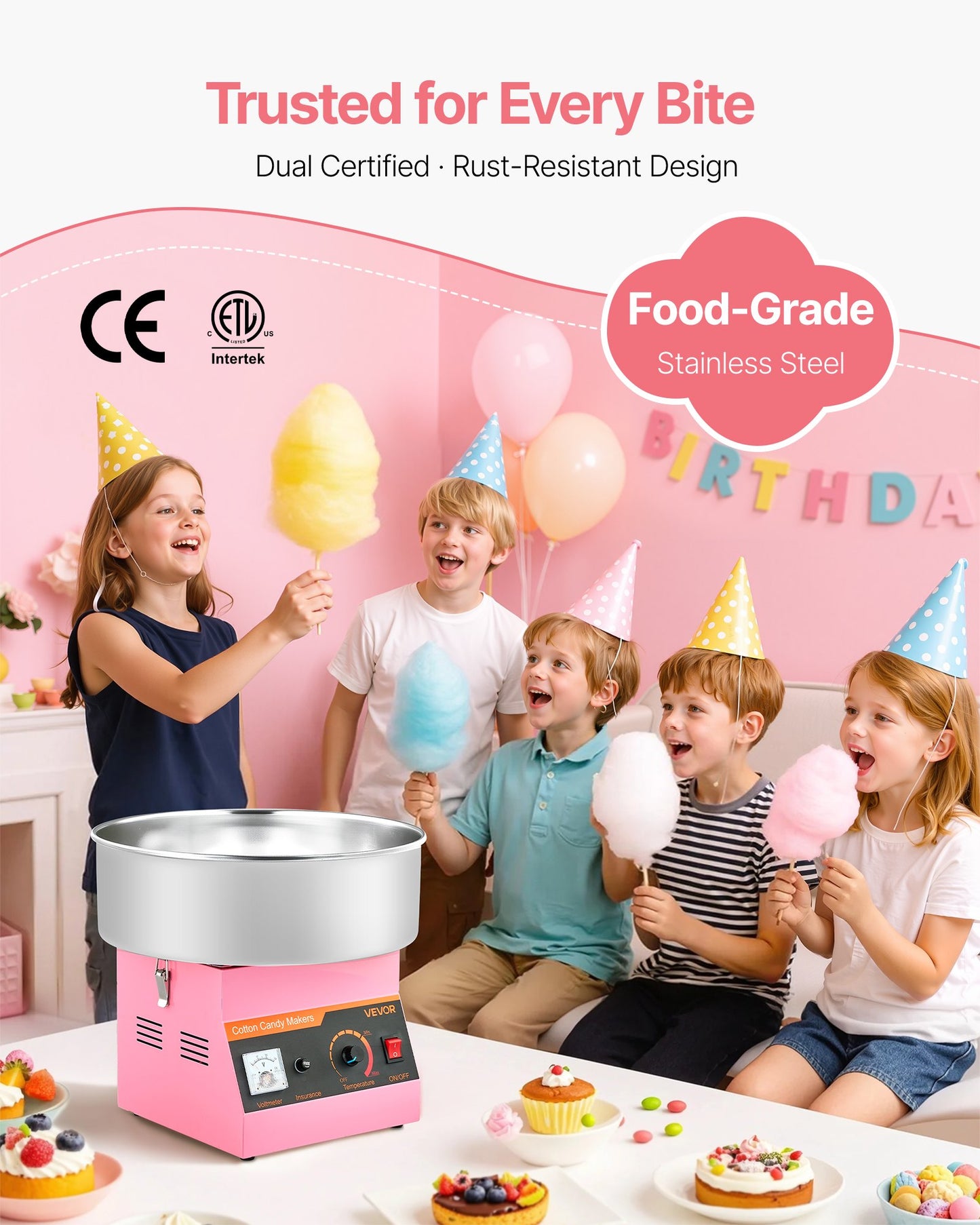 Electric Cotton Candy Machine Stainless Steel Pink 1000W Home & Party Use