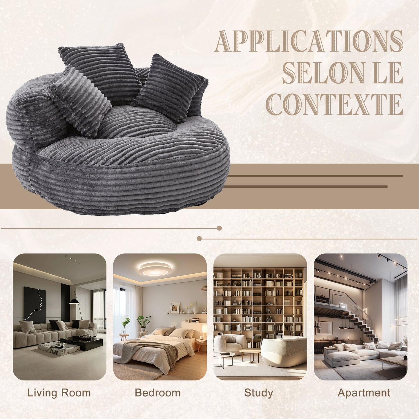 Oversized Corduroy Bean Bag Chair with 3 Pillows - Dark Gray
