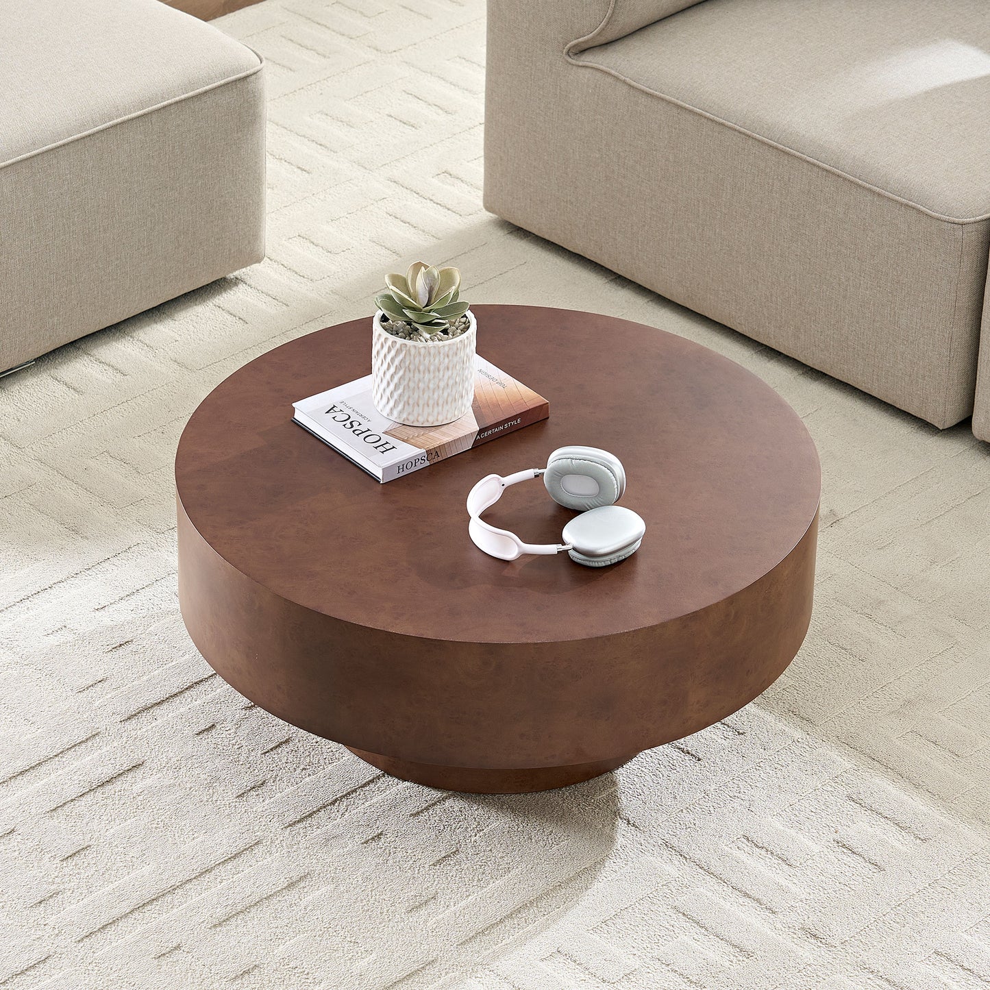 31.49" Faux Burl Wood Coffee Table with Sturdy Pedestal - Walnut